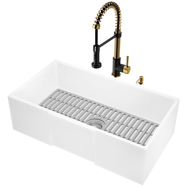 VIGO Sink 33" in Matte White & Faucet in Matte Brushed Gold