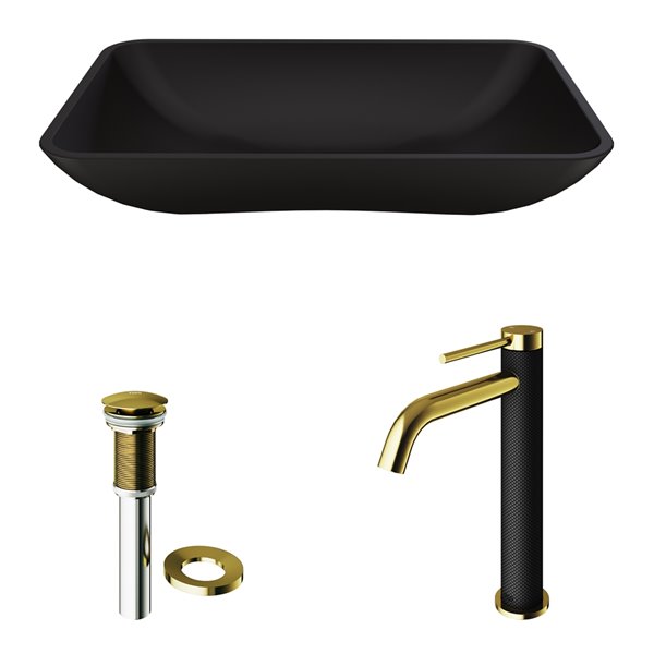 Évier de salle de bain rectangulaire en verre Hadyn de Vigo, robinet et drain inclus, 14,38 po x 22,25 po, noir
