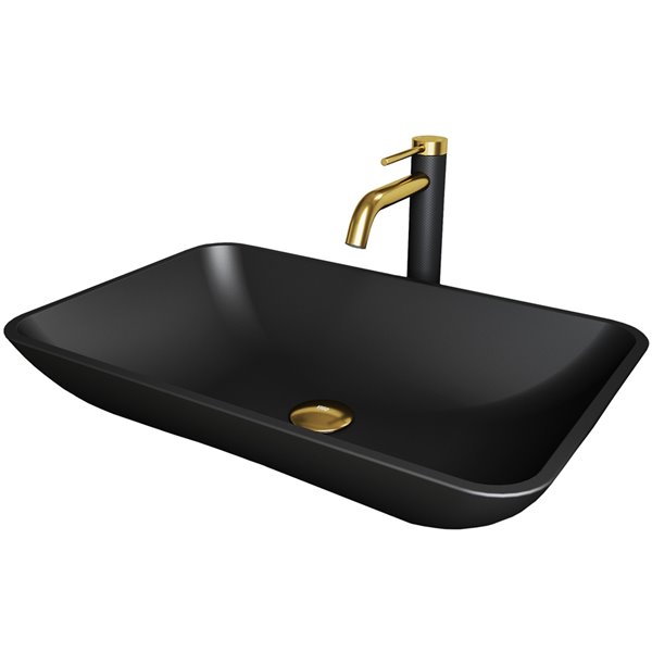VIGO Glass&nbsp;14-in W x&nbsp;22-in L&nbsp;Black Rectangle Vessel Bathroom Sink with Lexington Faucet and Pop-Up - Matte Gold