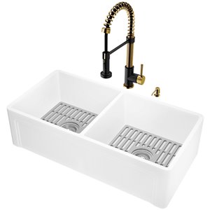 Évier de cuisine tout-en-un à double cuve Matte Stone de Vigo, 38 po x 14 po, blanc mat