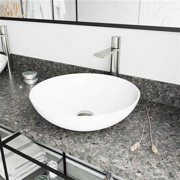 VIGO Lotus&nbsp;16-in dia. White Matte Stone Round Vessel Bathroom Sink with Gotham Faucet/Drain - Brushed Nickel