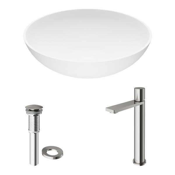 VIGO Lotus&nbsp;16-in dia. White Matte Stone Round Vessel Bathroom Sink with Gotham Faucet/Drain - Brushed Nickel