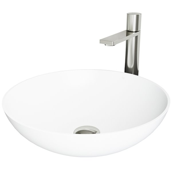 VIGO Lotus&nbsp;16-in dia. White Matte Stone Round Vessel Bathroom Sink with Gotham Faucet/Drain - Brushed Nickel