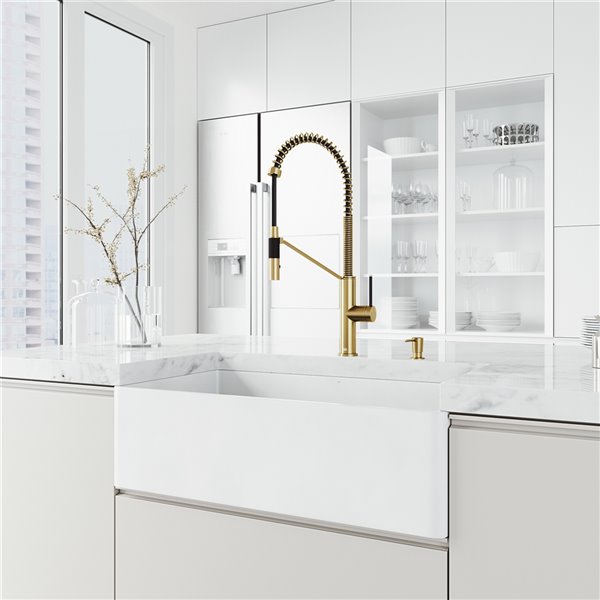 VIGO Sink 33" in Matte White & Faucet in Matte Brushed Gold
