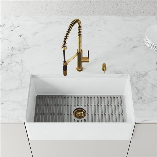 VIGO Sink 33" in Matte White & Faucet in Matte Brushed Gold