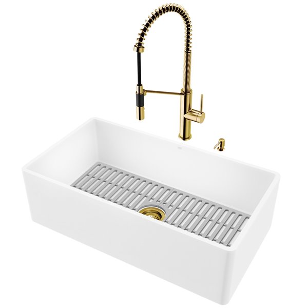 VIGO Sink 33" in Matte White & Faucet in Matte Brushed Gold