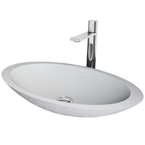 Évier de salle de bain ovale en pierre Yarrow de Vigo, robinet et drain inclus, 13,38 po x 23,13 po, cendre