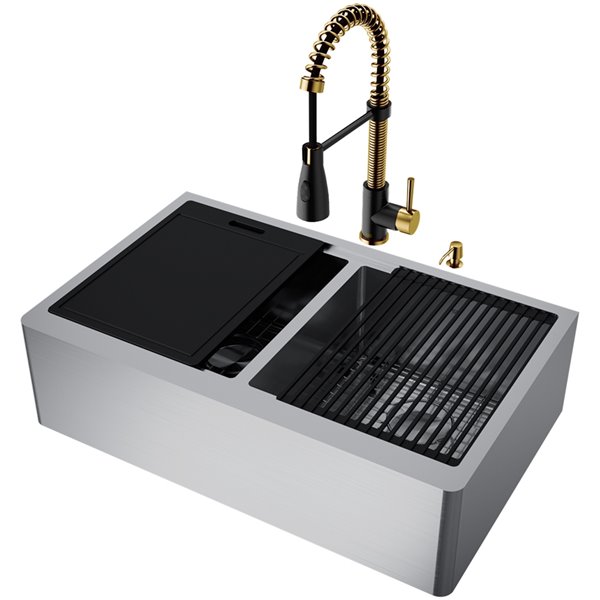 VIGO Oxford&nbsp;33&nbsp;W x&nbsp;21-in D&nbsp;2-Bowl Stainless Steel Farmhouse Apron-Front Kitchen Sink w/ Gold Faucet/Accessories
