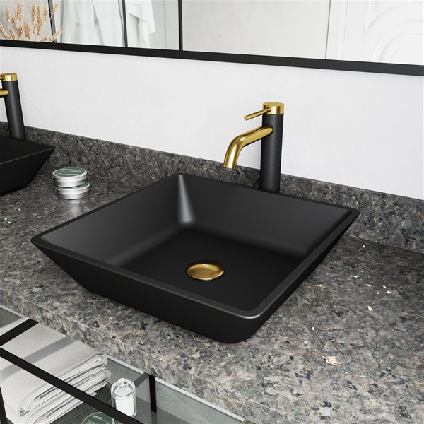 VIGO Glass&nbsp;15-in Square Black Vessel Bathroom Sink with Lexington Faucet/Drain - Matte Gold