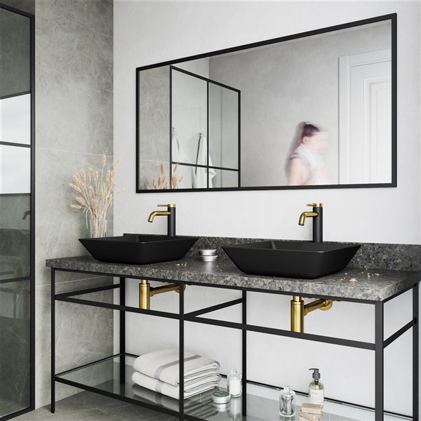 VIGO Glass&nbsp;15-in Square Black Vessel Bathroom Sink with Lexington Faucet/Drain - Matte Gold