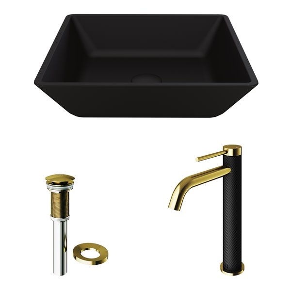 VIGO Glass&nbsp;15-in Square Black Vessel Bathroom Sink with Lexington Faucet/Drain - Matte Gold