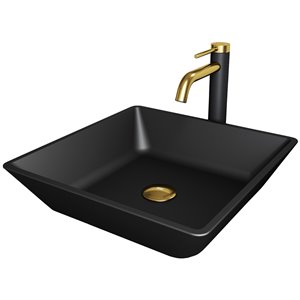 Évier de salle de bain en verre Roma de VIGO, robinet et drain inclus, 15,75 po x 15,75 po, noir