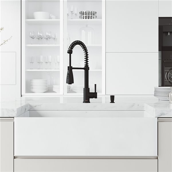 VIGO Matte Stone&nbsp;36-in W x&nbsp;18-in D Matte White Single Farmhouse Apron-Front Kitchen Sink Workstation w/Faucet