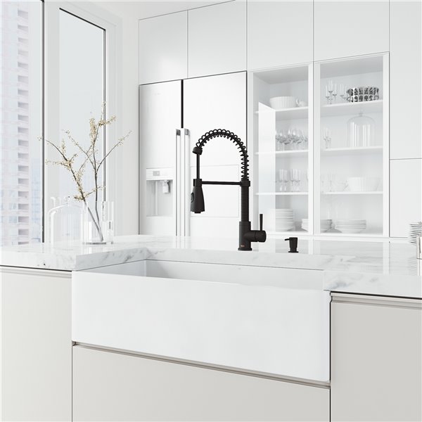 VIGO Matte Stone&nbsp;36-in W x&nbsp;18-in D Matte White Single Farmhouse Apron-Front Kitchen Sink Workstation w/Faucet