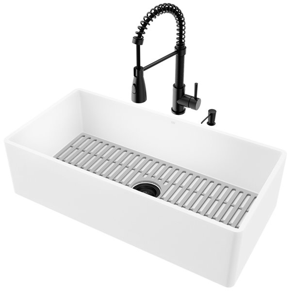 VIGO Matte Stone&nbsp;36-in W x&nbsp;18-in D Matte White Single Farmhouse Apron-Front Kitchen Sink Workstation w/Faucet