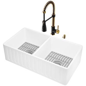 Évier de cuisine tout-en-un à double cuve Matte Stone de Vigo, 39 po x 14 po, blanc mat