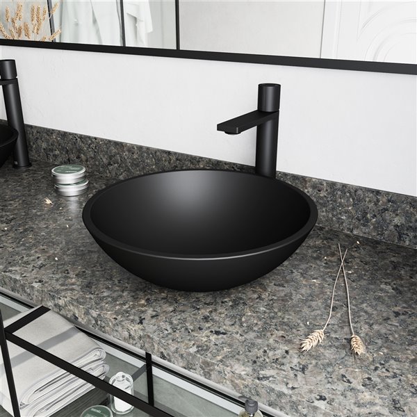 VIGO Glass&nbsp;15-in dia. Black Round Vessel Bathroom Sink with Gotham Faucet/Drain - Matte Black
