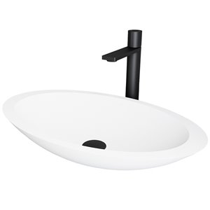 VIGO Wisteria Stone Vessel Bathroom Sink, Faucet and Drain Included, 13.5-in x 23.13-in, Matte White