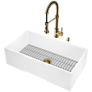 Évier de cuisine tout-en-un de style campagnard ou à tablier Matte Stone de Vigo, 39 po x 14 po, blanc mat
