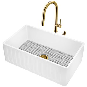 Évier de cuisine tout-en-un à cuve simple Matte Stone de Vigo, 36 po x 14 po, blanc mat
