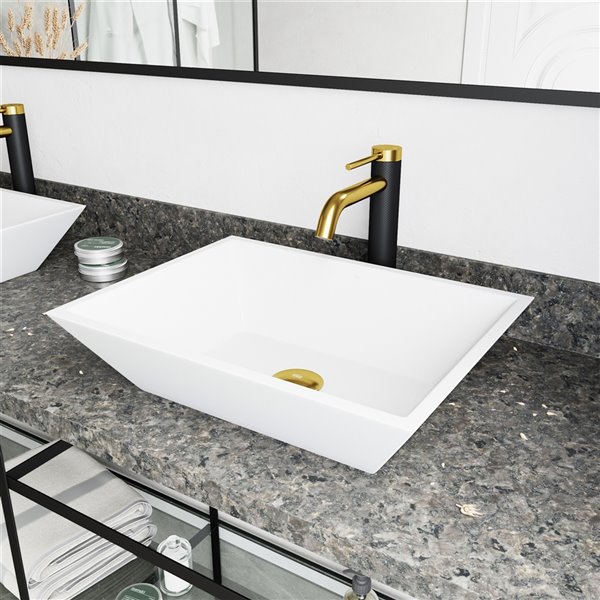 VIGO Vinca&nbsp;14-in W x&nbsp;18-in L White Matte Stone Rectangle Bathroom Vessel with Lexington Faucet/Drain - Matte Gold