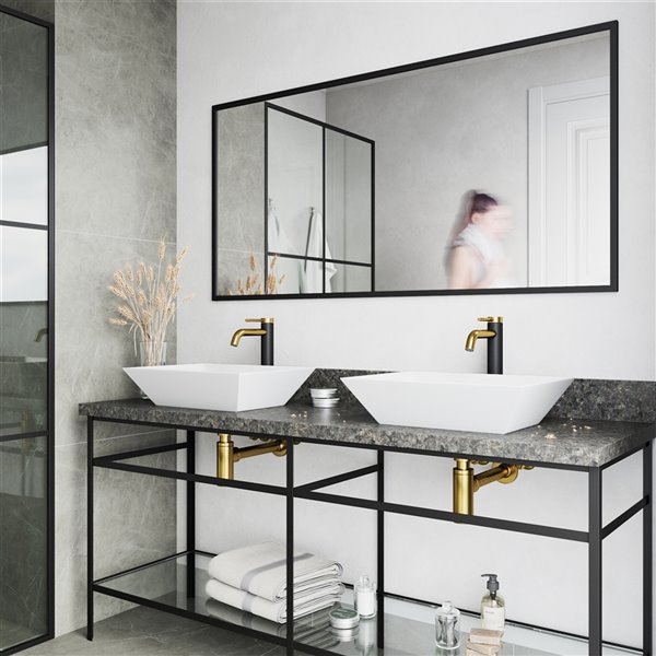 VIGO Vinca&nbsp;14-in W x&nbsp;18-in L White Matte Stone Rectangle Bathroom Vessel with Lexington Faucet/Drain - Matte Gold