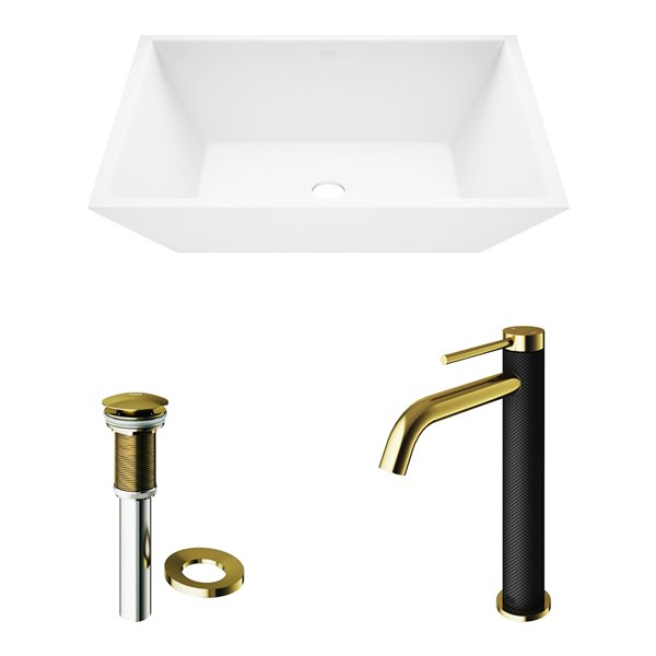 VIGO Vinca&nbsp;14-in W x&nbsp;18-in L White Matte Stone Rectangle Bathroom Vessel with Lexington Faucet/Drain - Matte Gold