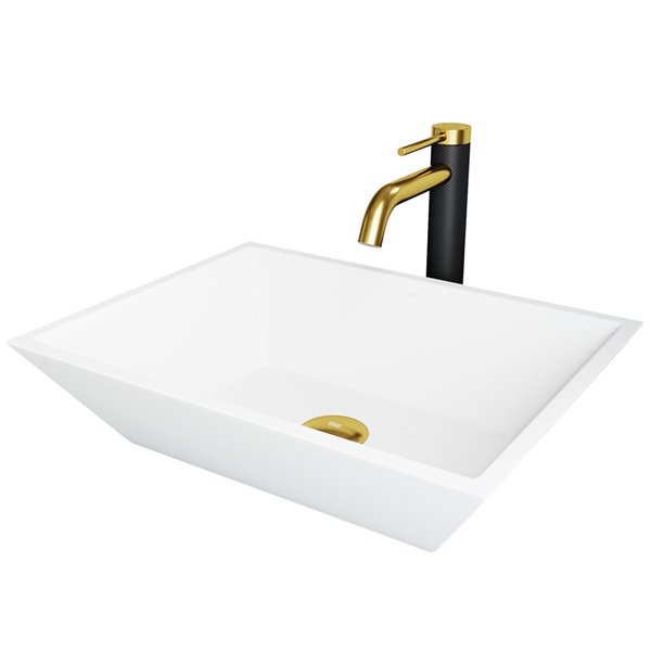 VIGO Vinca&nbsp;14-in W x&nbsp;18-in L White Matte Stone Rectangle Bathroom Vessel with Lexington Faucet/Drain - Matte Gold