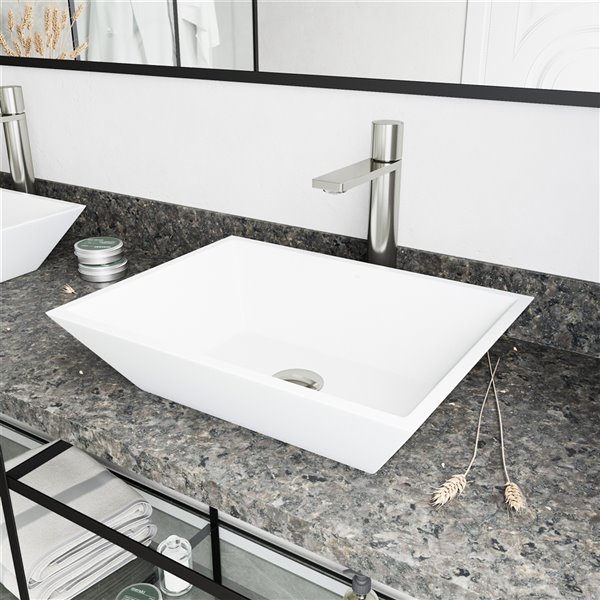 VIGO Vinca&nbsp;14-in W x&nbsp;18-in L White Matte Stone Rectangle Bathroom Vessel w/ Gotham Faucet/Drain - Brushed Nickel