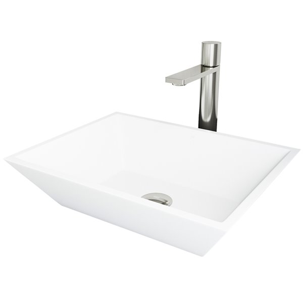 VIGO Vinca&nbsp;14-in W x&nbsp;18-in L White Matte Stone Rectangle Bathroom Vessel w/ Gotham Faucet/Drain - Brushed Nickel