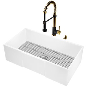 Évier de cuisine tout-en-un de style campagnard ou à tablier Matte Stone de Vigo, 36 po x 14 po, blanc mat