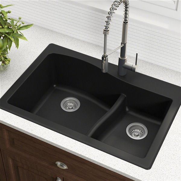 Kraus 33-in Dual Mount Double Bowl Granite Sink and Strainers in Black