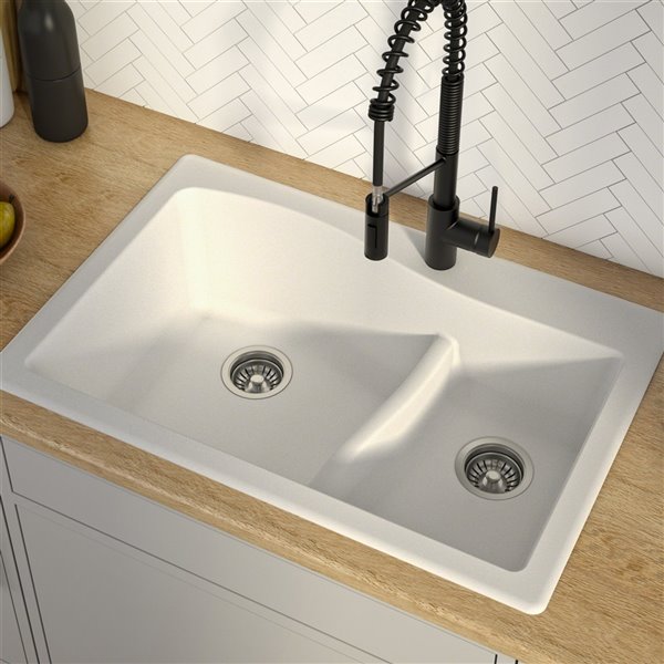 Kraus 33-in Dual Mount Double Bowl Granite Sink and Strainers in White