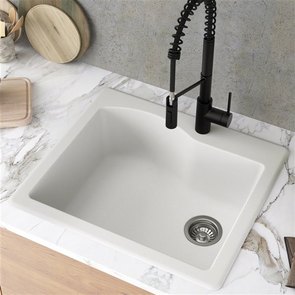 Kraus 25-in Dual Mount Single Bowl Granite Sink and Strainer in White