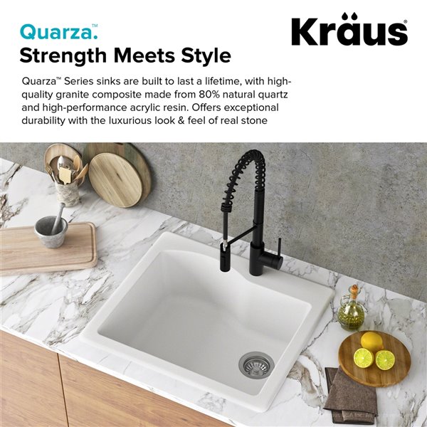 Kraus 25-in Dual Mount Single Bowl Granite Sink and Strainer in White