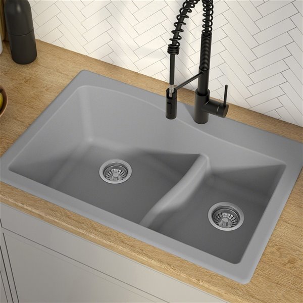 Kraus 33-in Dual Mount Double Bowl Granite Kitchen Sink in Grey