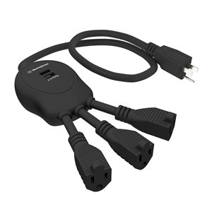 Multiprises flexibles de Westinghouse, 3 prises et 2 ports USB, noir