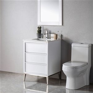 Meuble-lavabo simple Amélie blanc/nickel brossé de 24 po par Jade Bath avec comptoir en quartz blanc