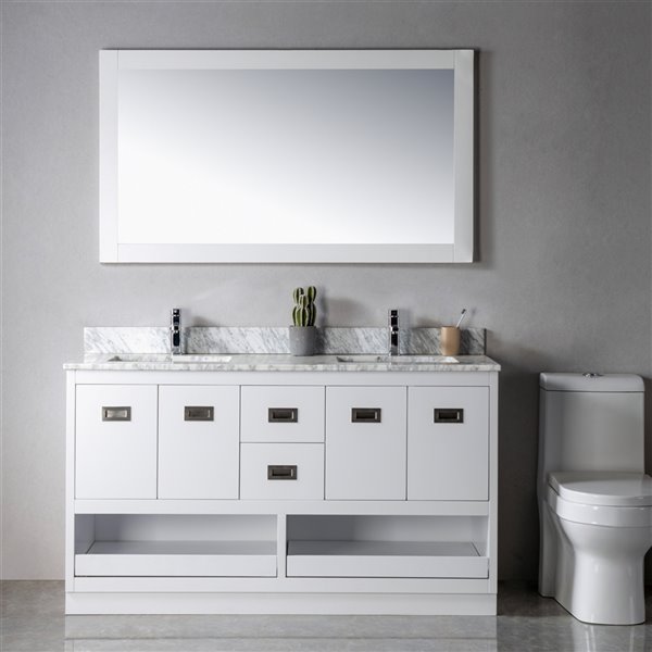 Jade Bath Lisette 60-in Soft Grey/Brushed Nickel Double Sink Bathroom Vanity with Carrara Marble Top