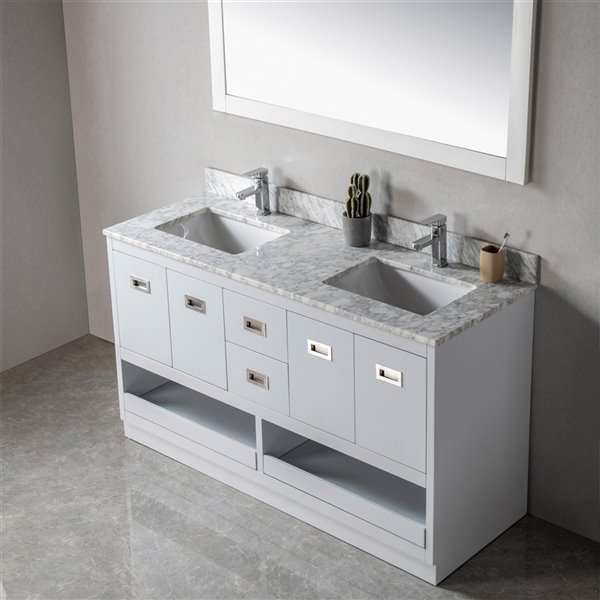 Jade Bath Lisette 60-in Soft Grey/Brushed Nickel Double Sink Bathroom Vanity with Carrara Marble Top