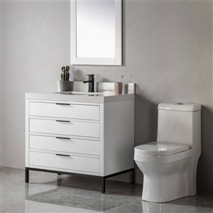 Meuble-lavabo simple Eloise par Jade Bath blanc et noir mat de 36 po avec comptoir en quartz blanc