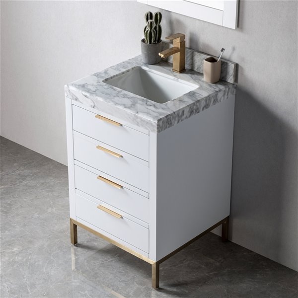 Meuble-lavabo simple Éloise gris pâle/or de 23 po par Jade Bath avec comptoir gris en marbre de Carrare