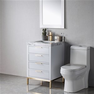 Meuble-lavabo simple Éloise gris pâle/or de 23 po par Jade Bath avec comptoir gris en marbre de Carrare