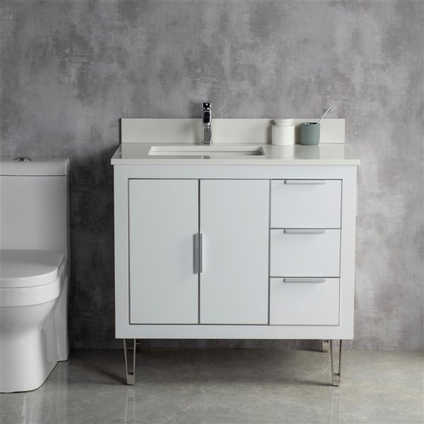 Jade Bath Estelle 36-in White and Brushed Nickel Single Sink Bathroom Vanity with White Quartz Top