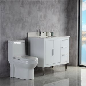 Meuble-lavabo simple Estelle par Jade Bath blanc et nickel brossé de 36 po avec comptoir en quartz blanc