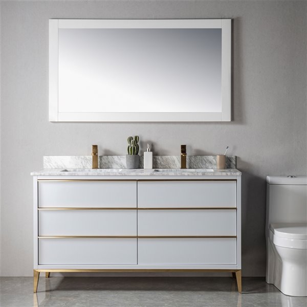 Meuble-lavabo double Amelie par Jade Bath gris doux et or brossé de 60 po avec comptoir en marbre de Carrare blanc