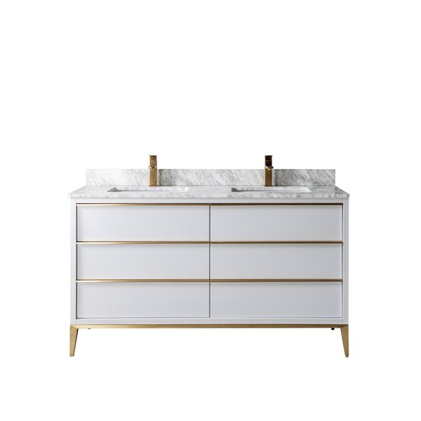 Jade Bath Amelie 60-in Soft Grey and Brushed Gold Double Sink Bathroom Vanity with White Carrara Marble Top