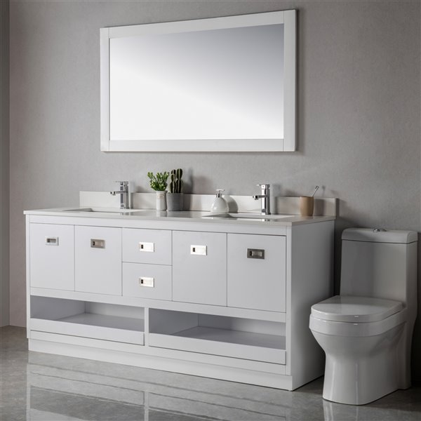 Meuble-lavabo double Lisette blanc/nickel brossé de 72 po par Jade Bath avec comptoir en quartz blanc