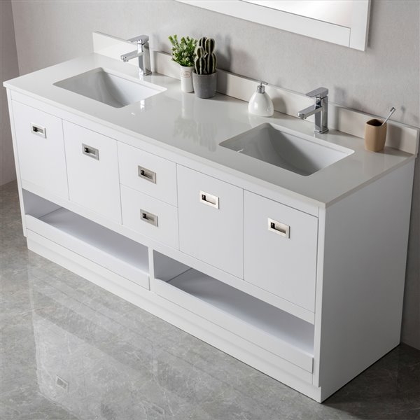 Meuble-lavabo double Lisette blanc/nickel brossé de 72 po par Jade Bath avec comptoir en quartz blanc