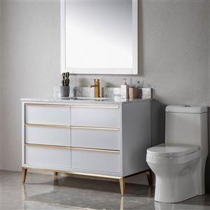 Meuble-lavabo simple Amelie gris pâle/or brossé de 48 po par Jade Bath avec comptoir en marbre de Carrare